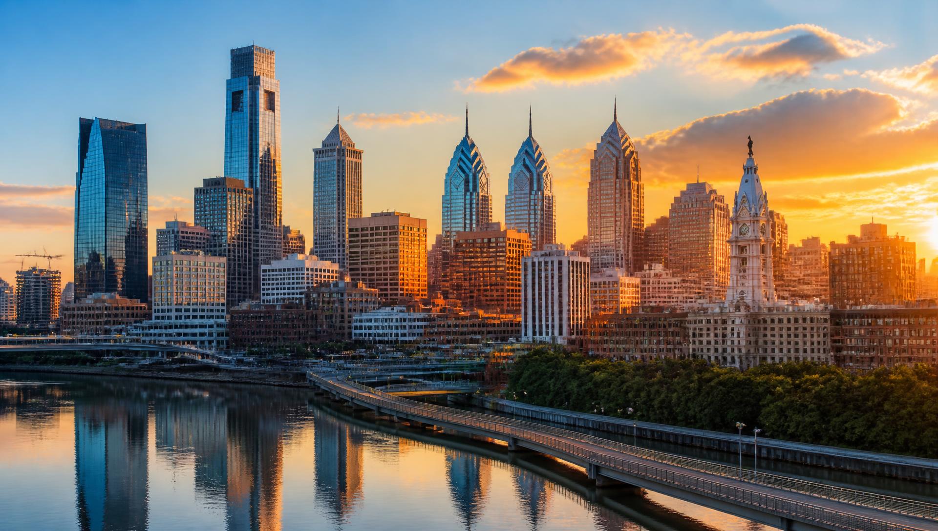 Philadelphia skyline at golden hour