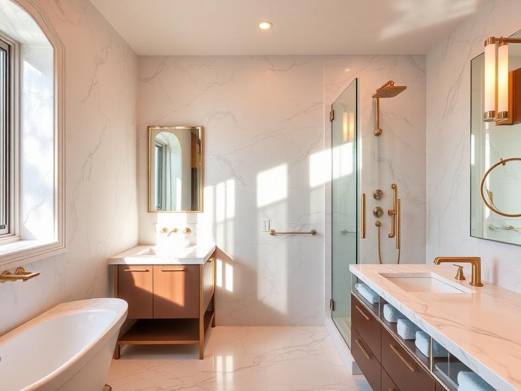 Beautifully renovated bathroom with marble tile and gold fixtures